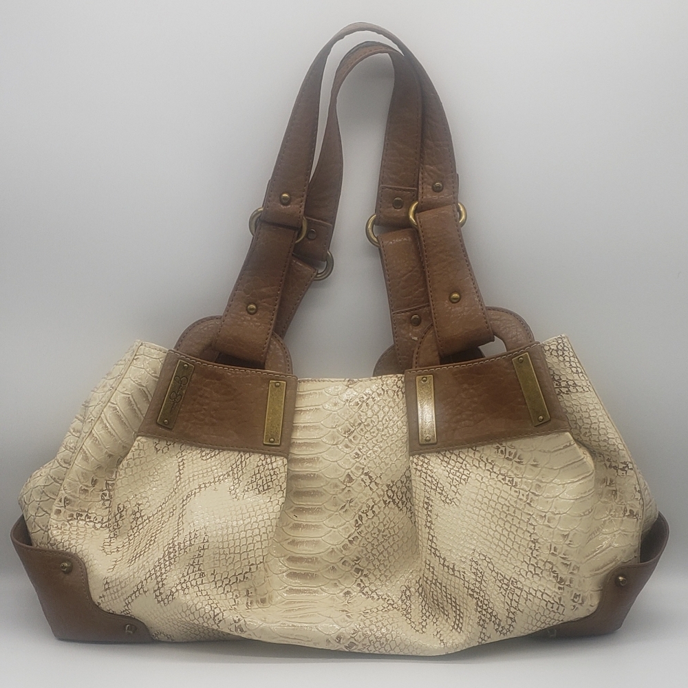 Jessica Simpson faux snake skin and leather satchel purse